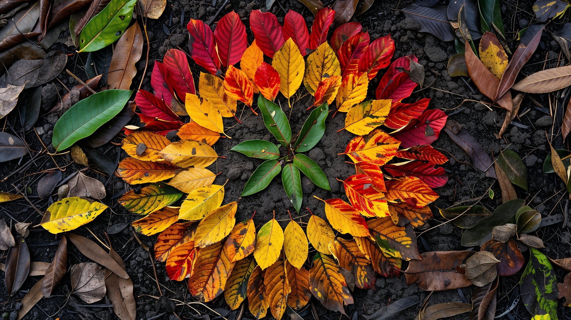 The First Artist mandala: leaves arranged by colour on dark soil