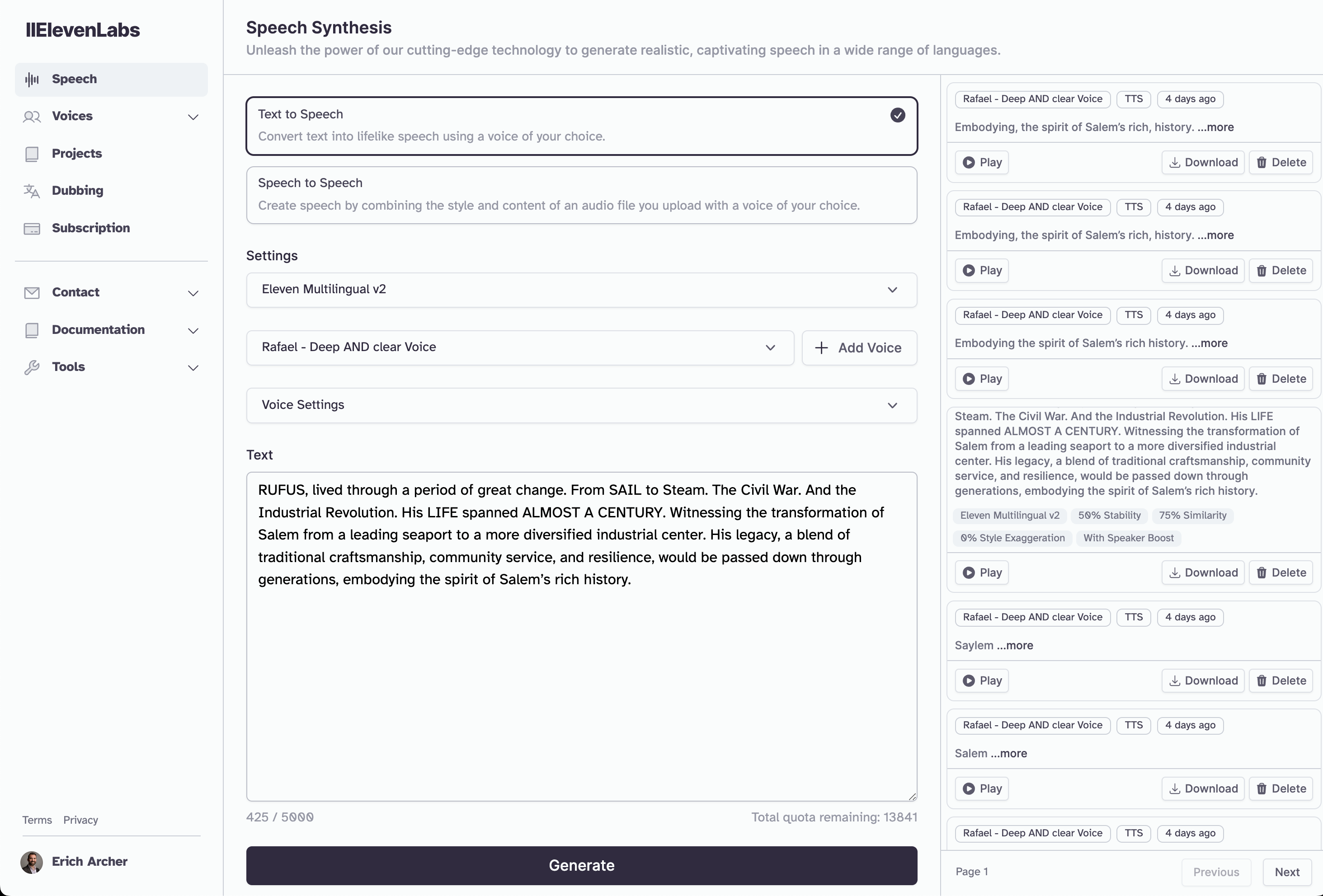 ElevenLabs voice synthesis interface