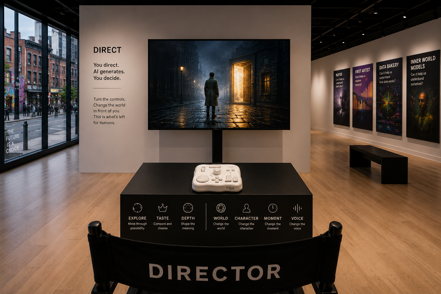 The DIRECT station: the console on the table, the director’s chair, and the wall reading You direct. AI generates. You decide.