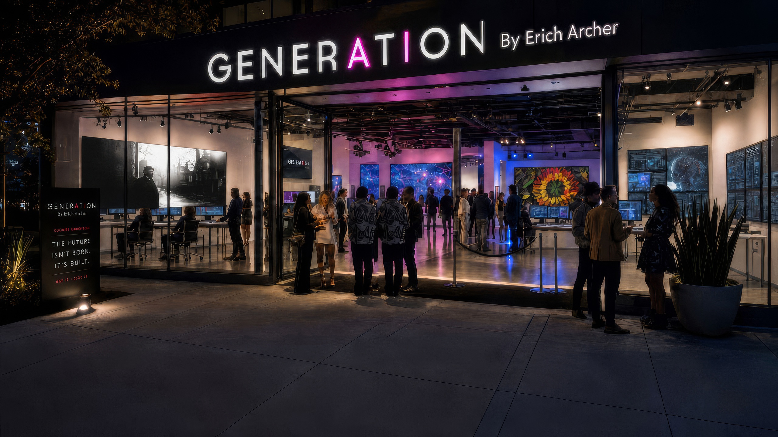 GENERATION at night: the storefront lit, the sign reading GENERATION by Erich Archer, visitors inside and the doors open to the sidewalk