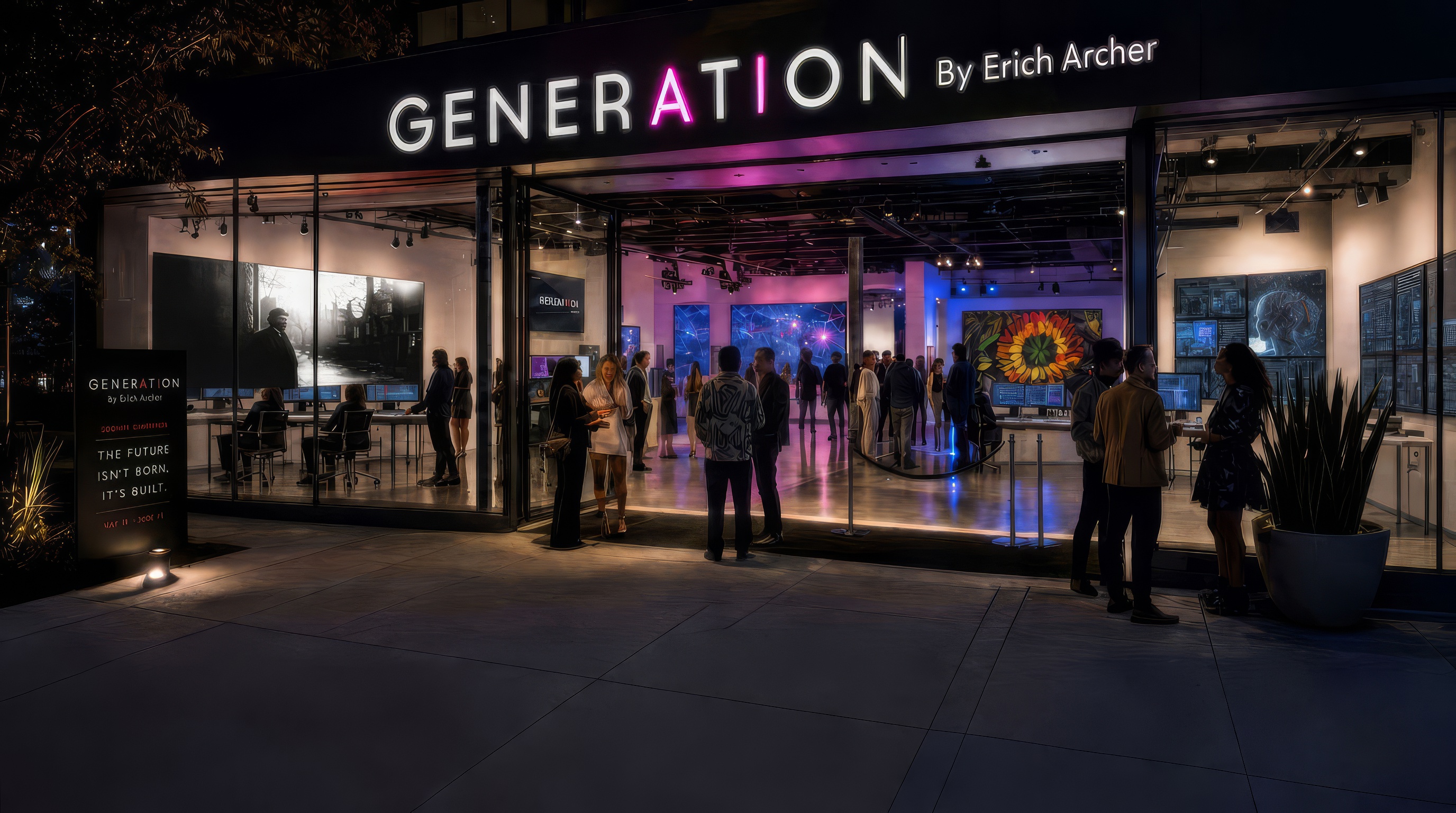 GENERATION at night: the storefront lit, the sign reading GENERATION by Erich Archer, visitors inside and the doors open to the sidewalk