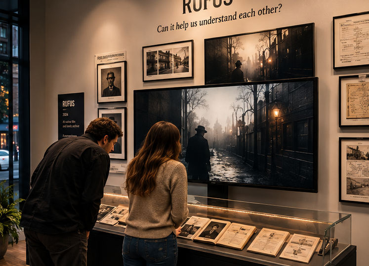 Two visitors at the Rufus wall, the film on the monitor and the family documents in the case below